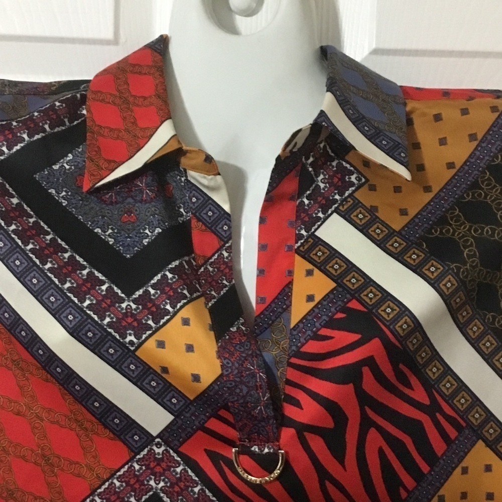 Marc New York Patchwork Geometric & Animal Print Blouse Size M - Picture 9 of 12